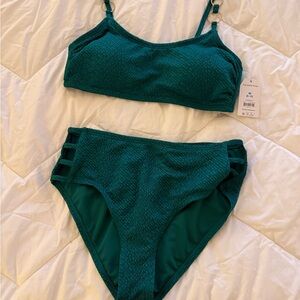 Time and Tru Teal Textured high waisted Bikini Set, medium